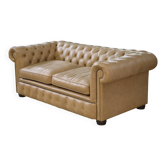 Beige leather Chesterfield sofa handmade in England.
