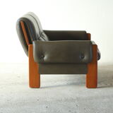 Olive leather two seater sofa, 1970'