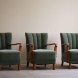 Danish Art Deco, set of 3 oak armchairs, reupholstered in green mohair, 1930s.