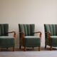 Danish Art Deco, set of 3 oak armchairs, reupholstered in green mohair, 1930s.