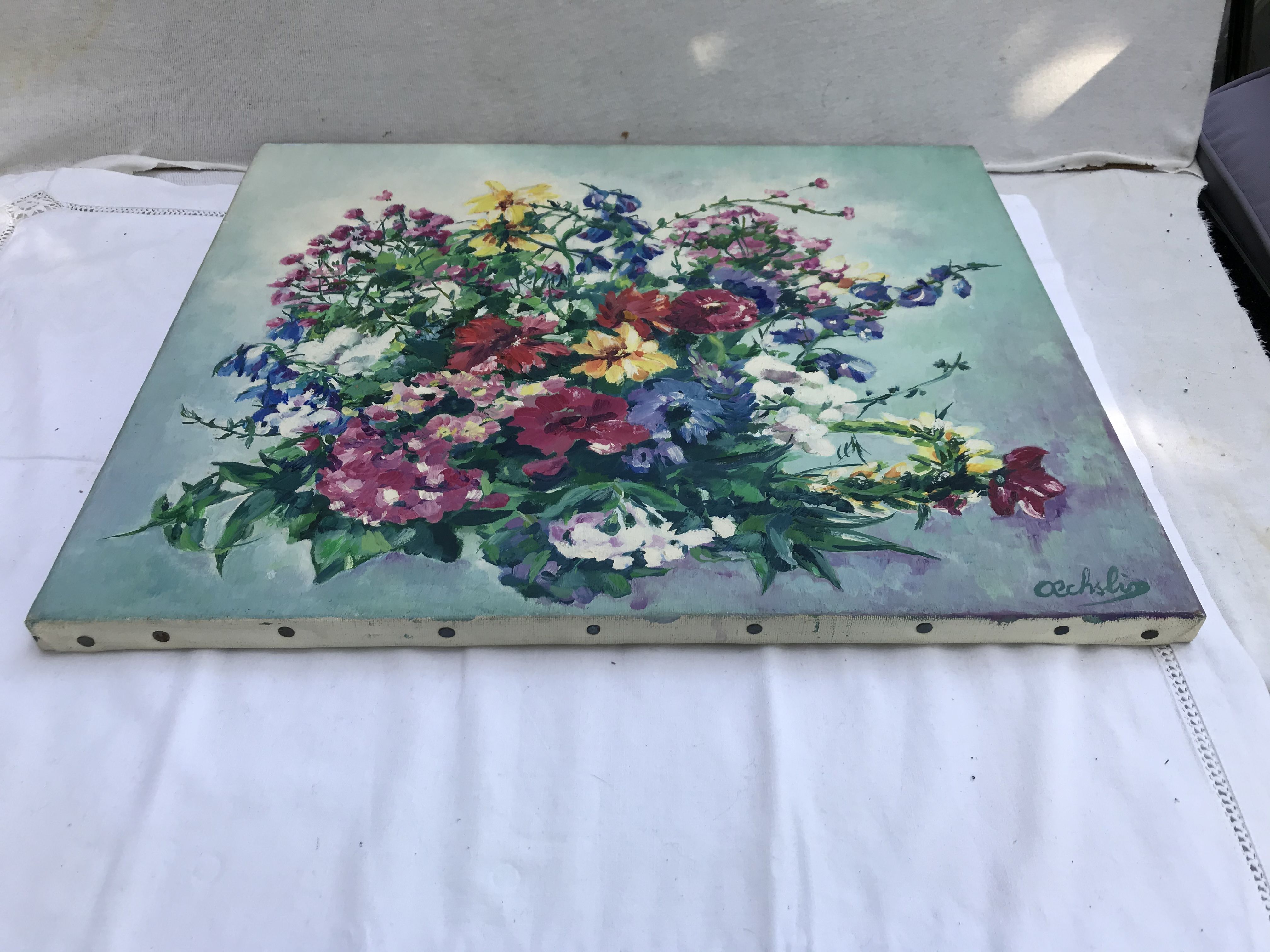Painting painting oil on canvas Oechslin "bouquet de fleurs" vintage