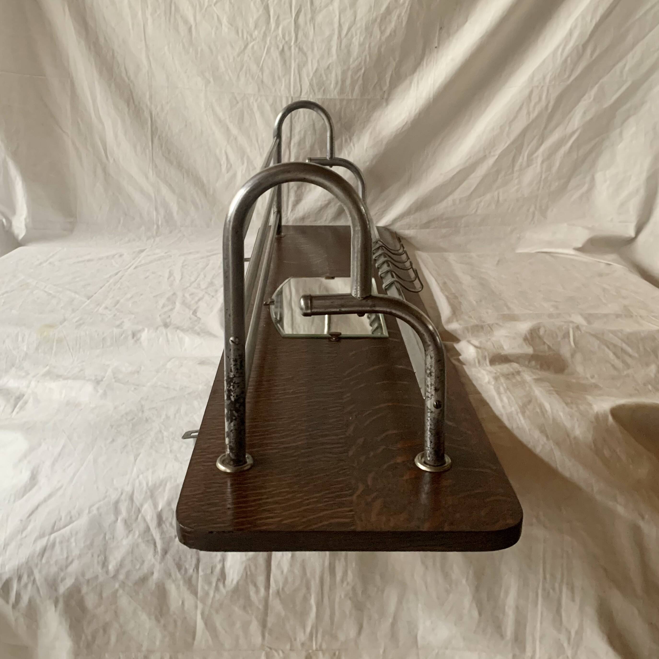 Large Art Deco wall-mounted coat rack in wood and chrome metal with mirror