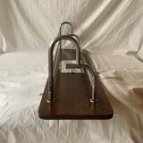 Large Art Deco wall-mounted coat rack in wood and chrome metal with mirror