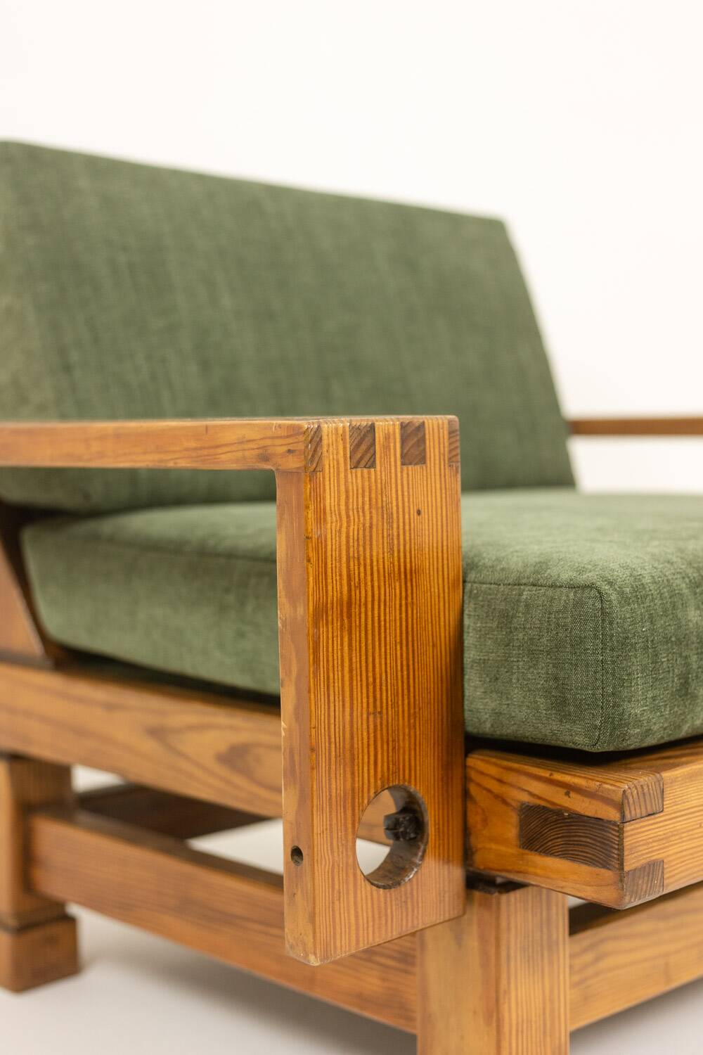 Pair of modernist style armchairs in pitch pine. 1960s.