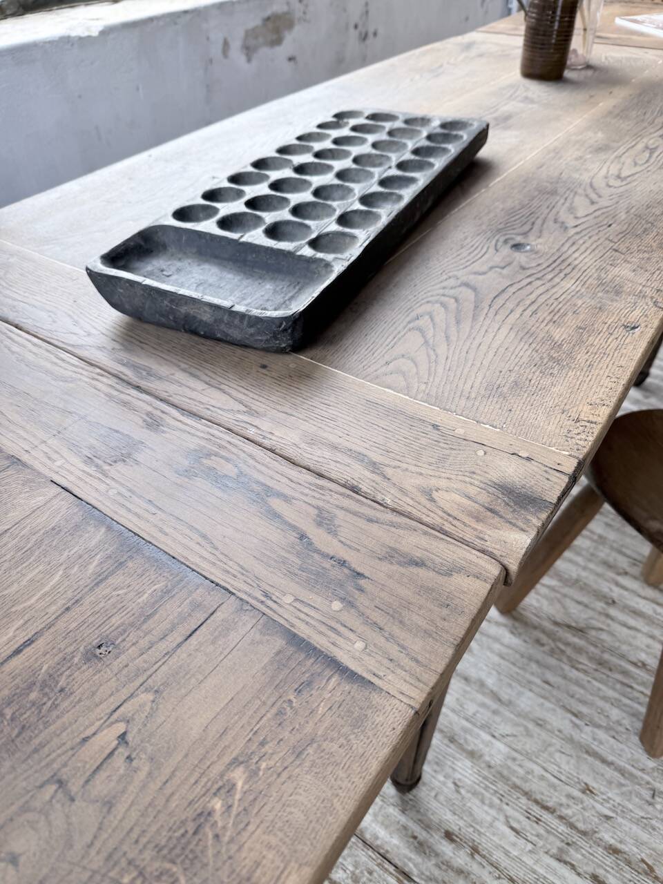 Solid oak farmhouse table with integrated extensions 1950