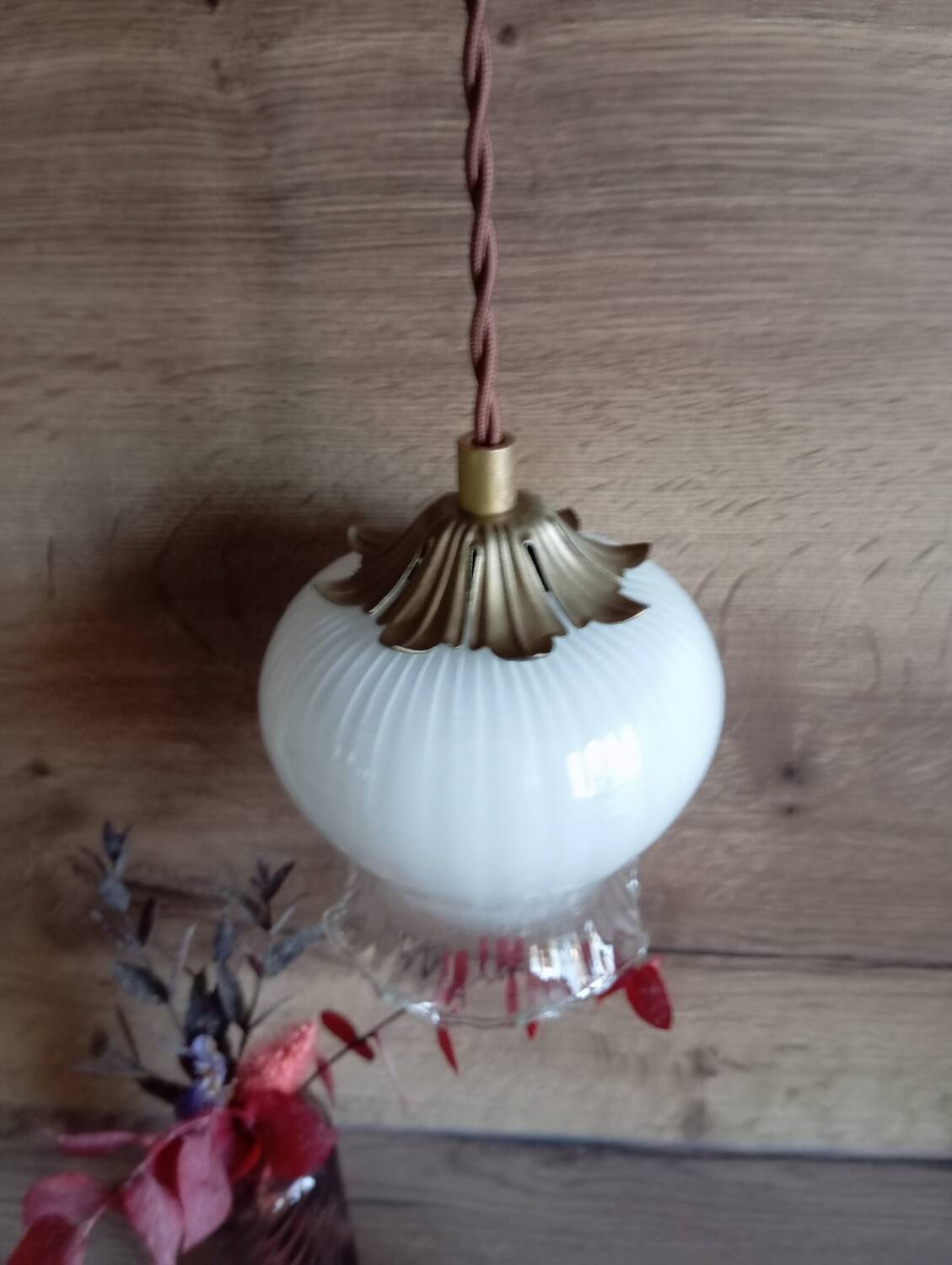 White opaline globe portable lamp, art deco style, brown textile cord