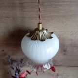 Lampe baladeuse globe opalin blanc, style art déco, cordon textile marron