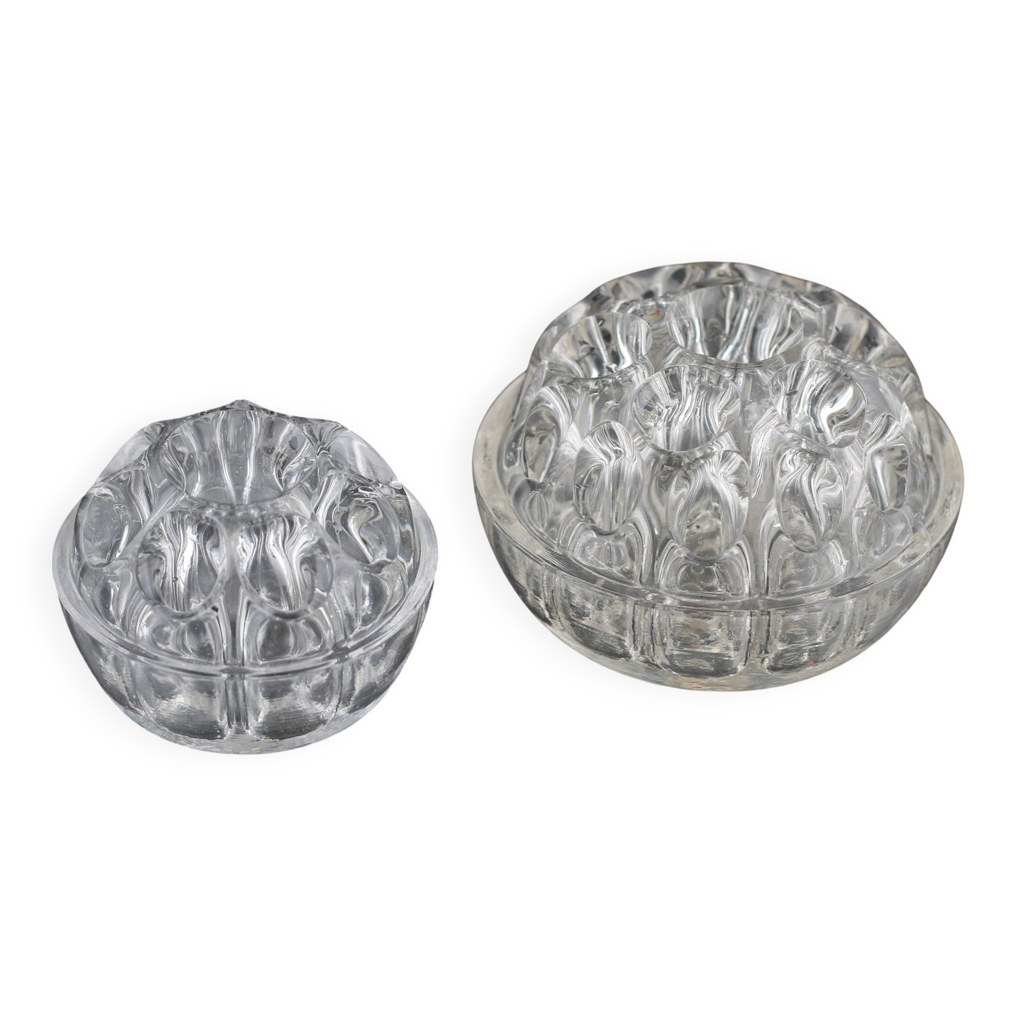 Set of 2 antique glass pressed transparent flower holders