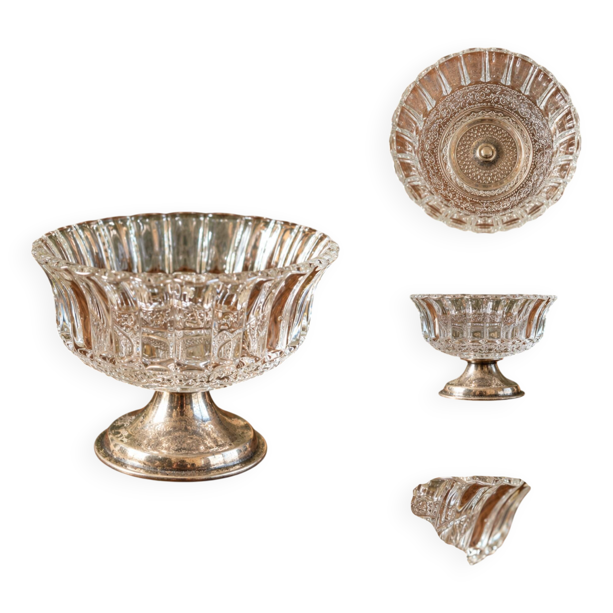 Small vintage footed bowl – worked glass & silver-plated metal
