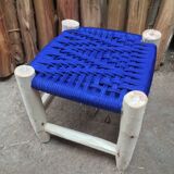 Traditional moroccan stool in blue nylon thread majorelle and eucalyptus wood