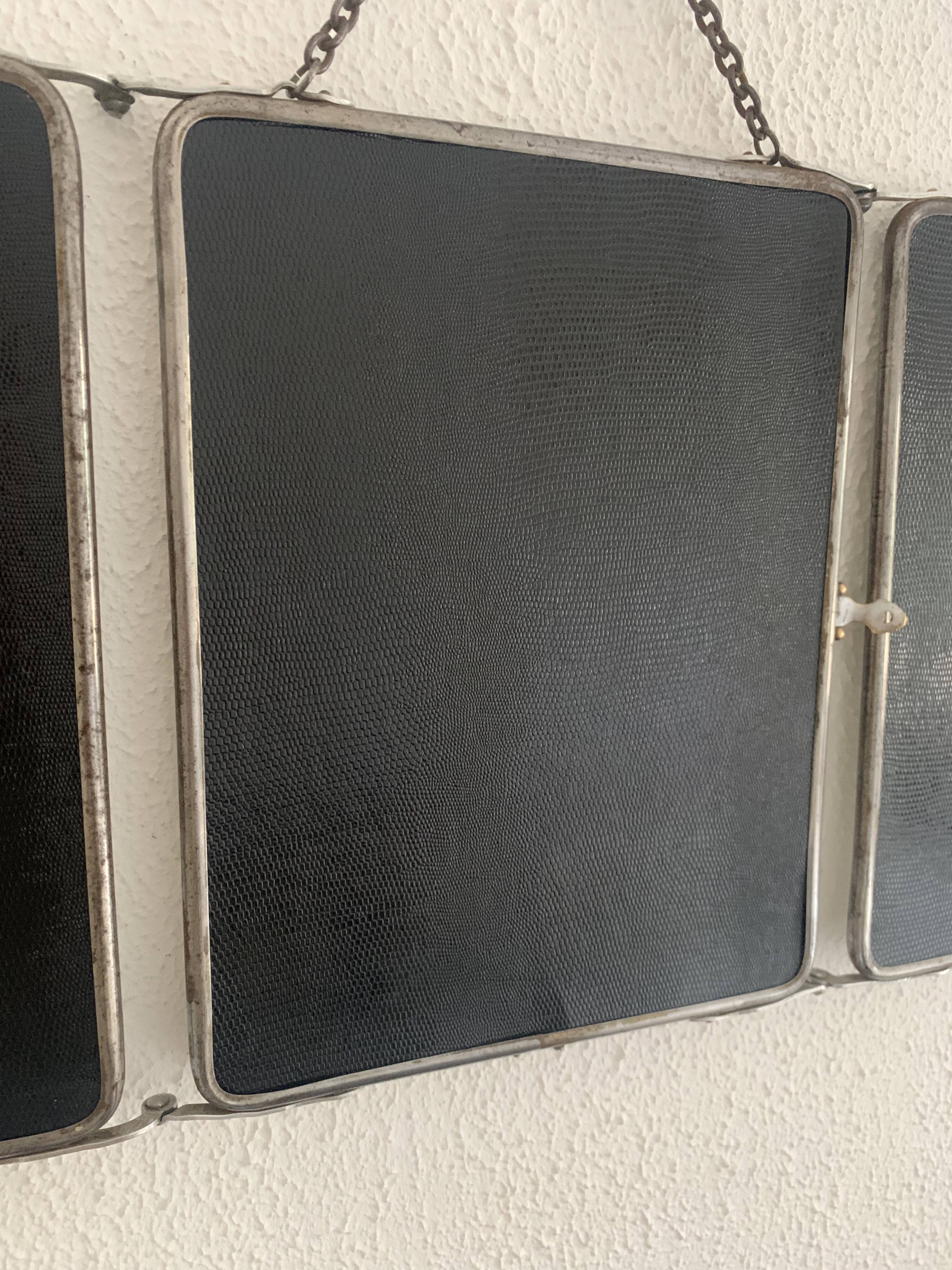 Vintage 1950s triptych barber mirror in black faux lizard - 27 x 67