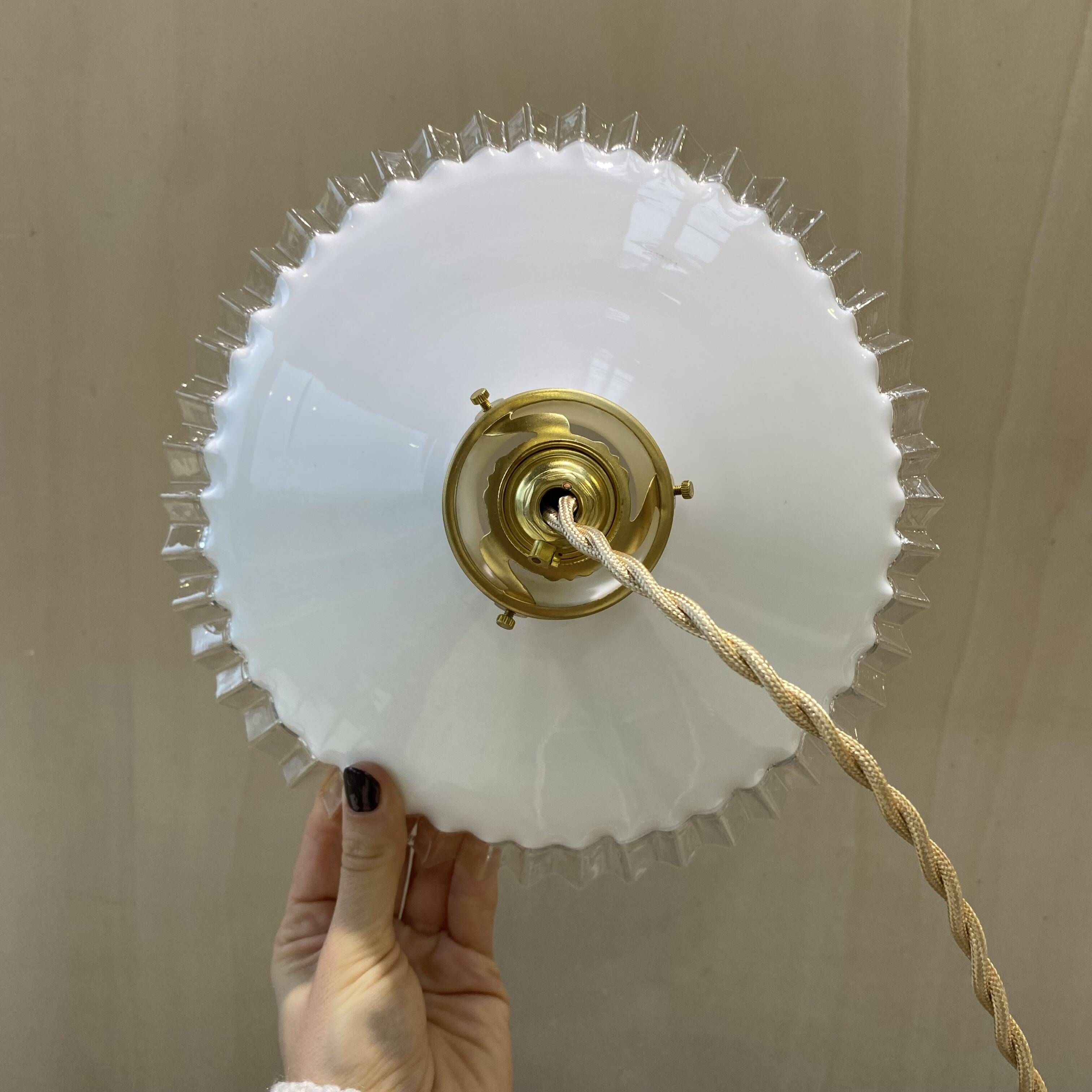 Pair of vintage pendant lights in opaline and transparent serrated edges