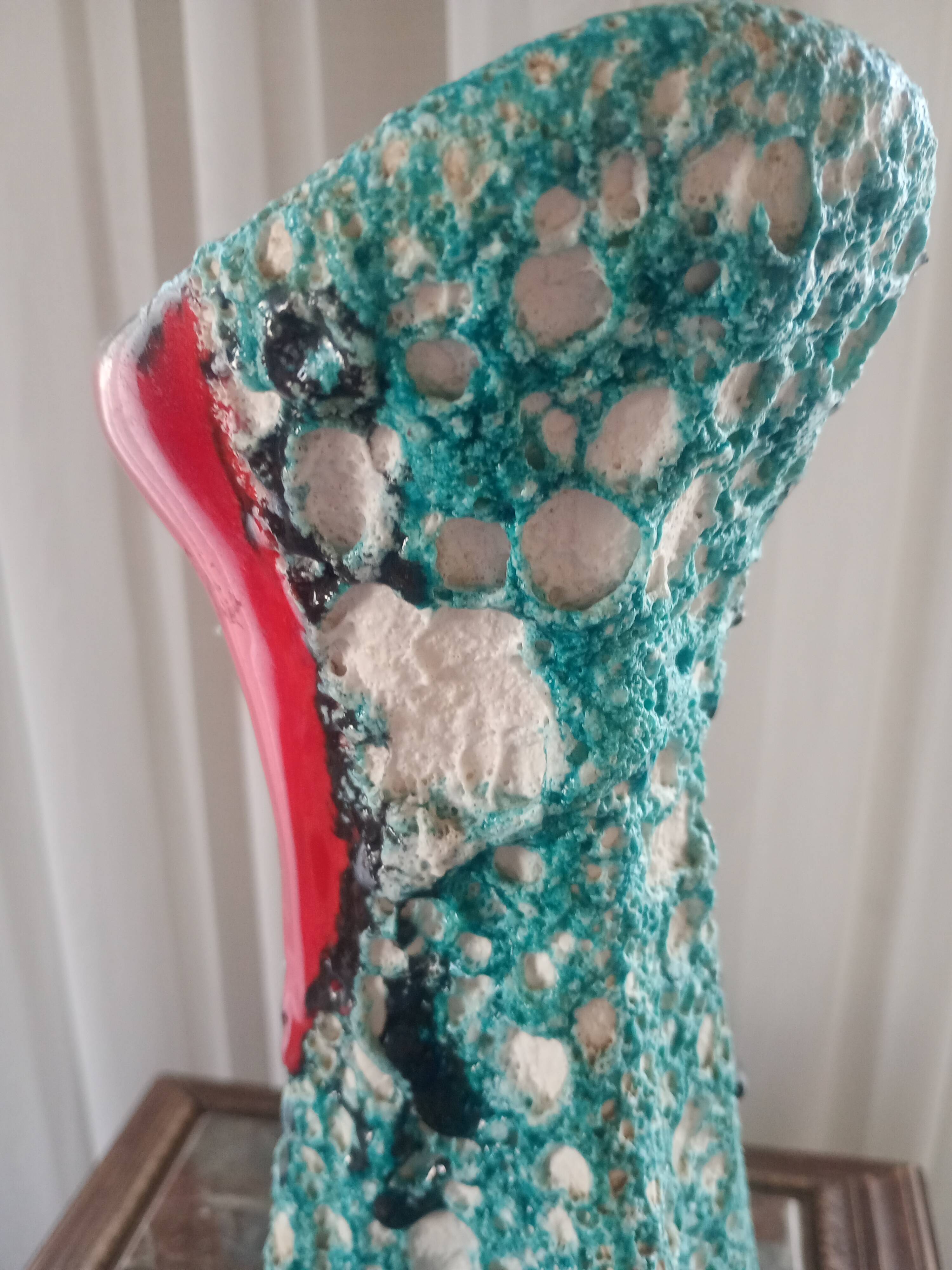 Turquoise "lava" double-handled vase - red & black enamel drips