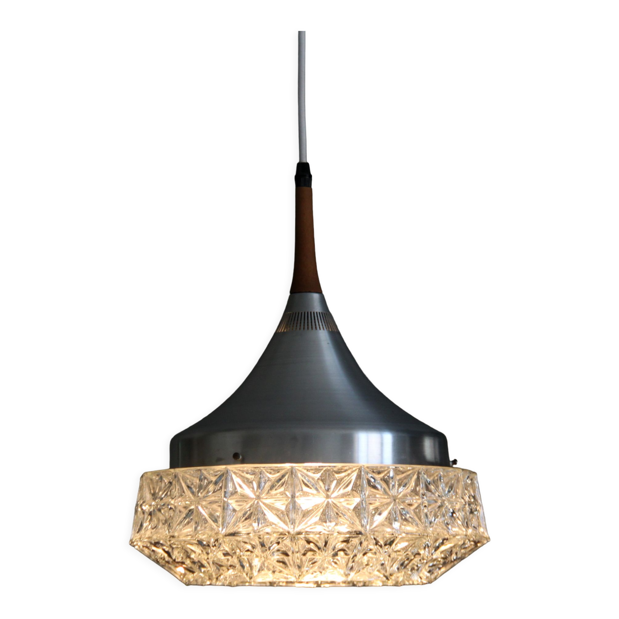 Suspension abat jour en verre épais épais et dôme en aluminium vintage