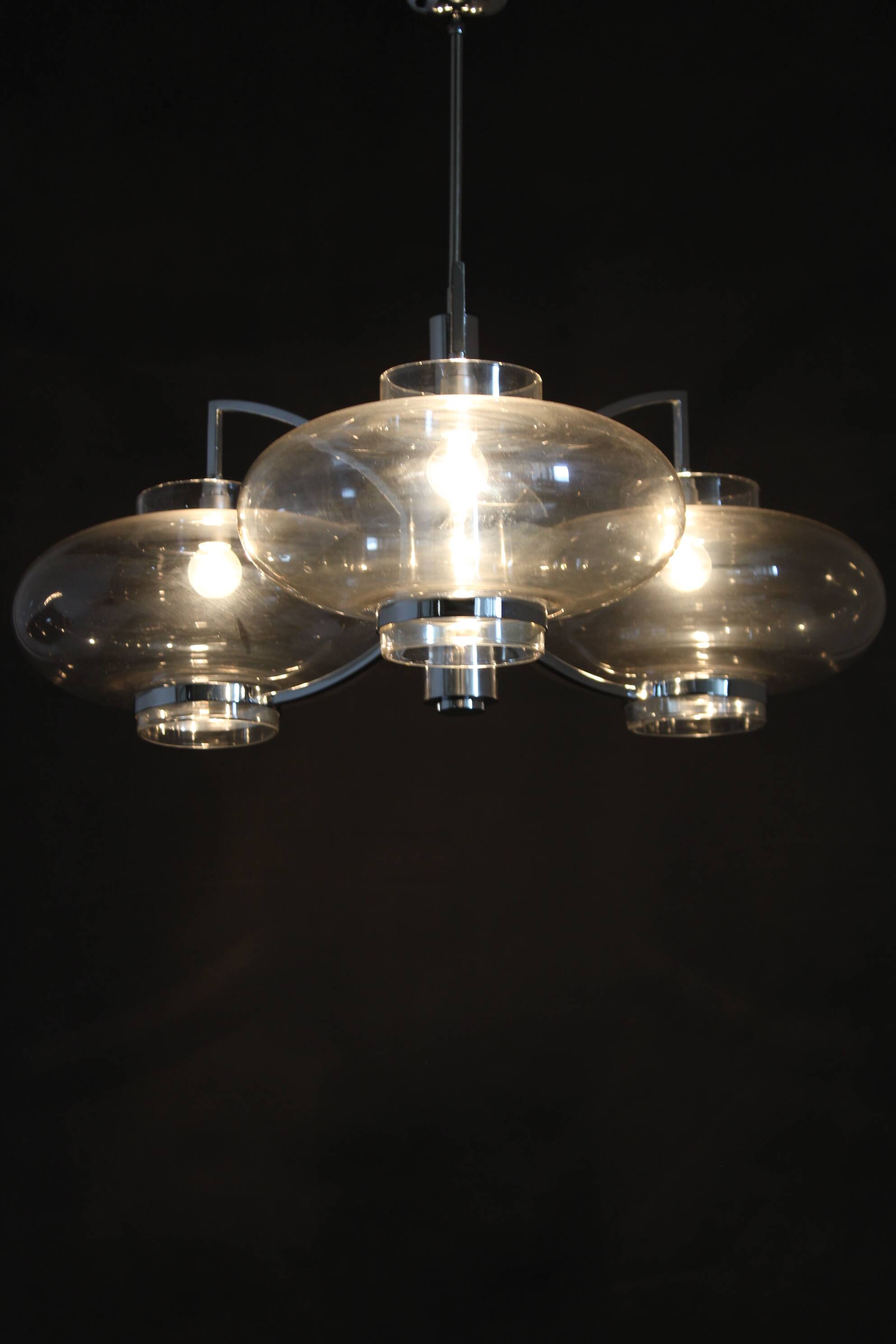 1970s Italian Chrome Plated and Glass Chandelier