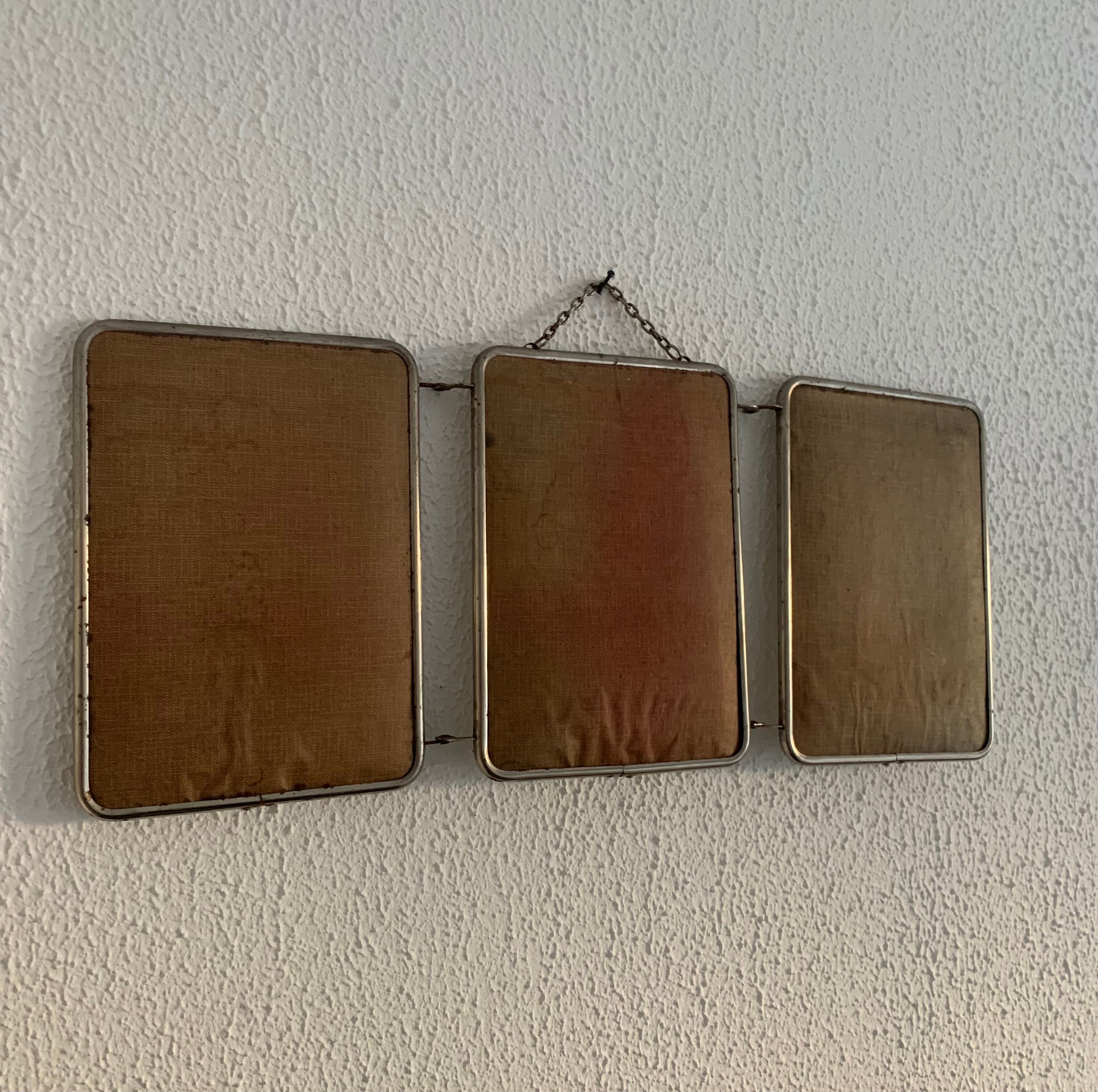 Vintage mirror 1960 triptych barber pink fabric - 21 x 49