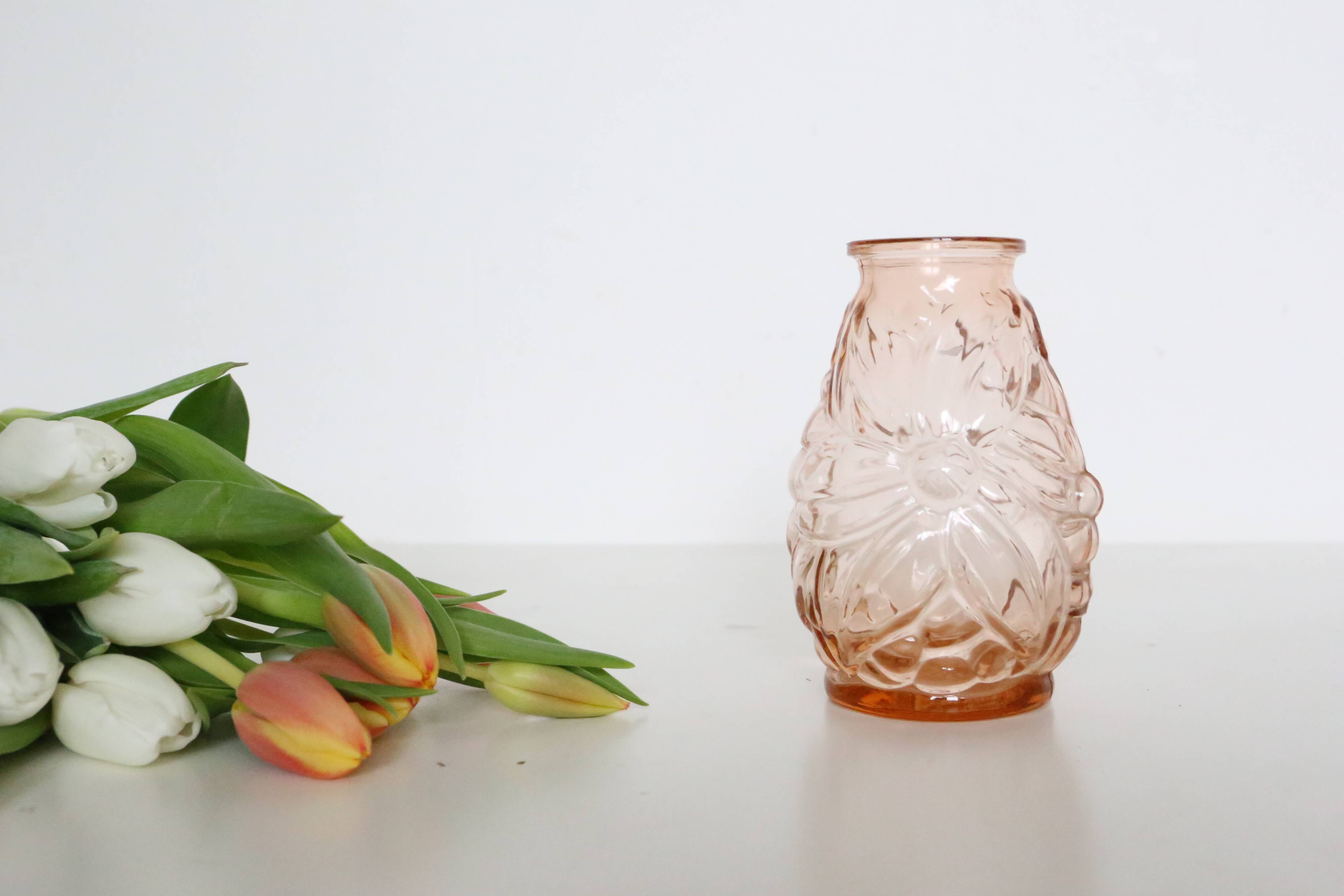 Old pink glass vase, molded glass, vintage French