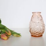 Old pink glass vase, molded glass, vintage French