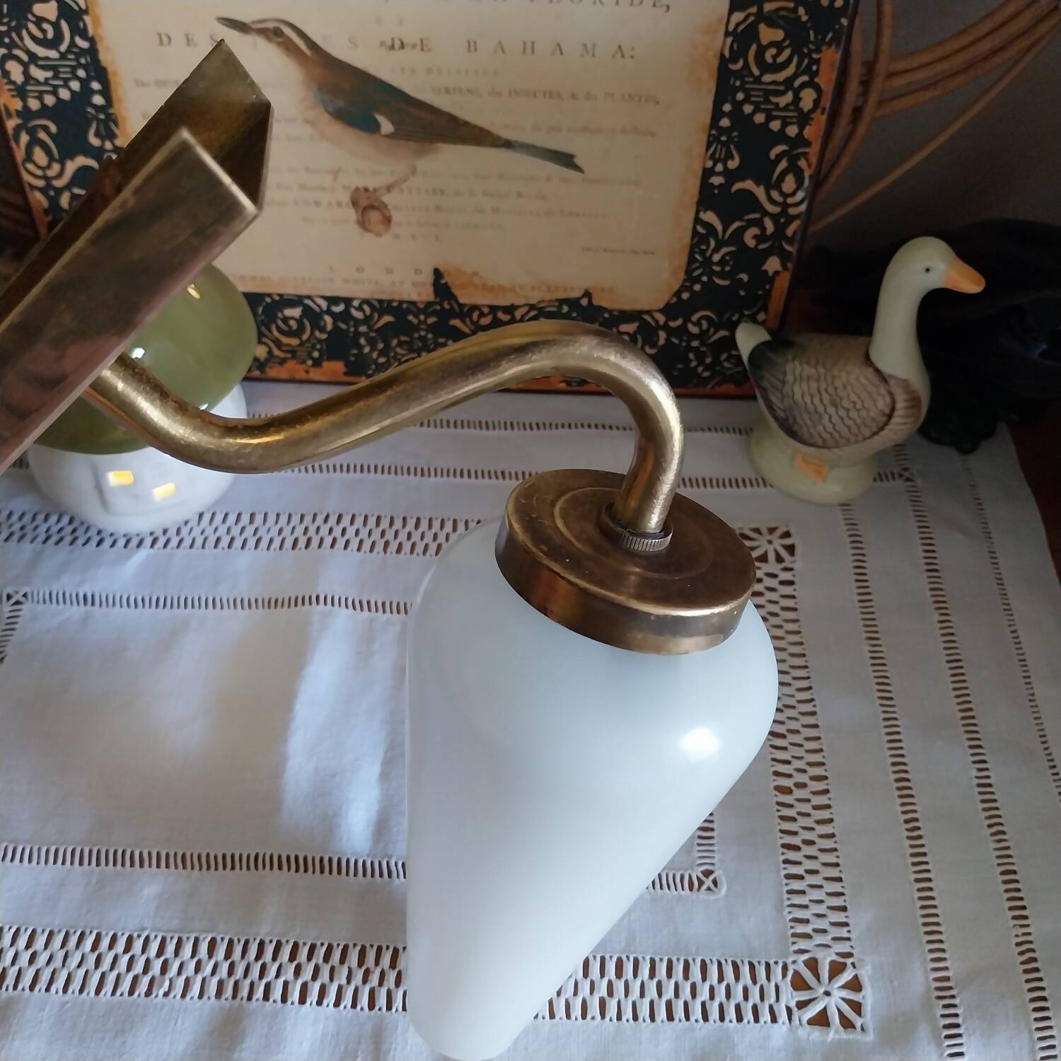 Antique brass wall lamp with opaline lampshade