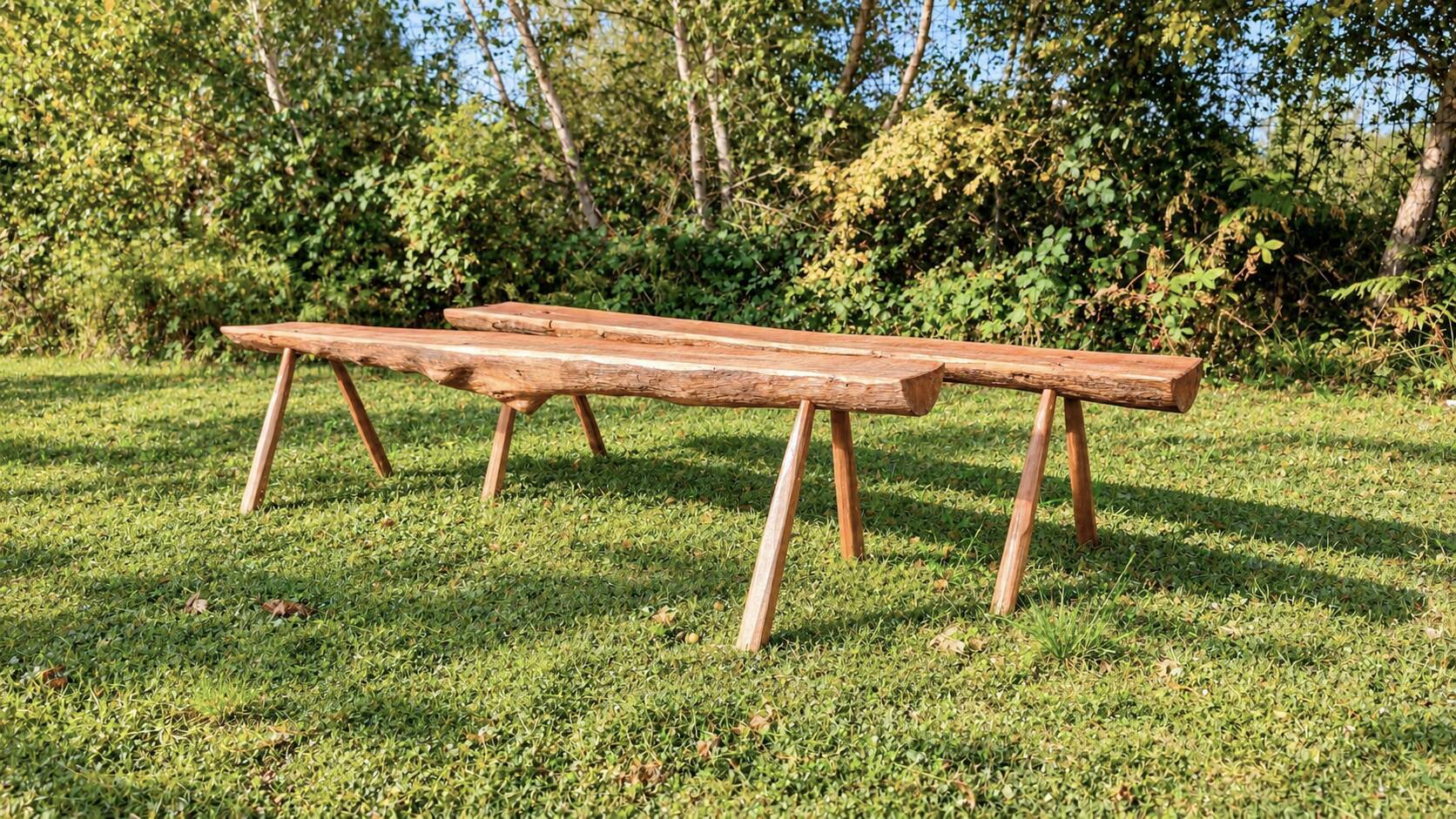 Pair of antique farmhouse benches in solid wood – brutalist style – 180 cm
