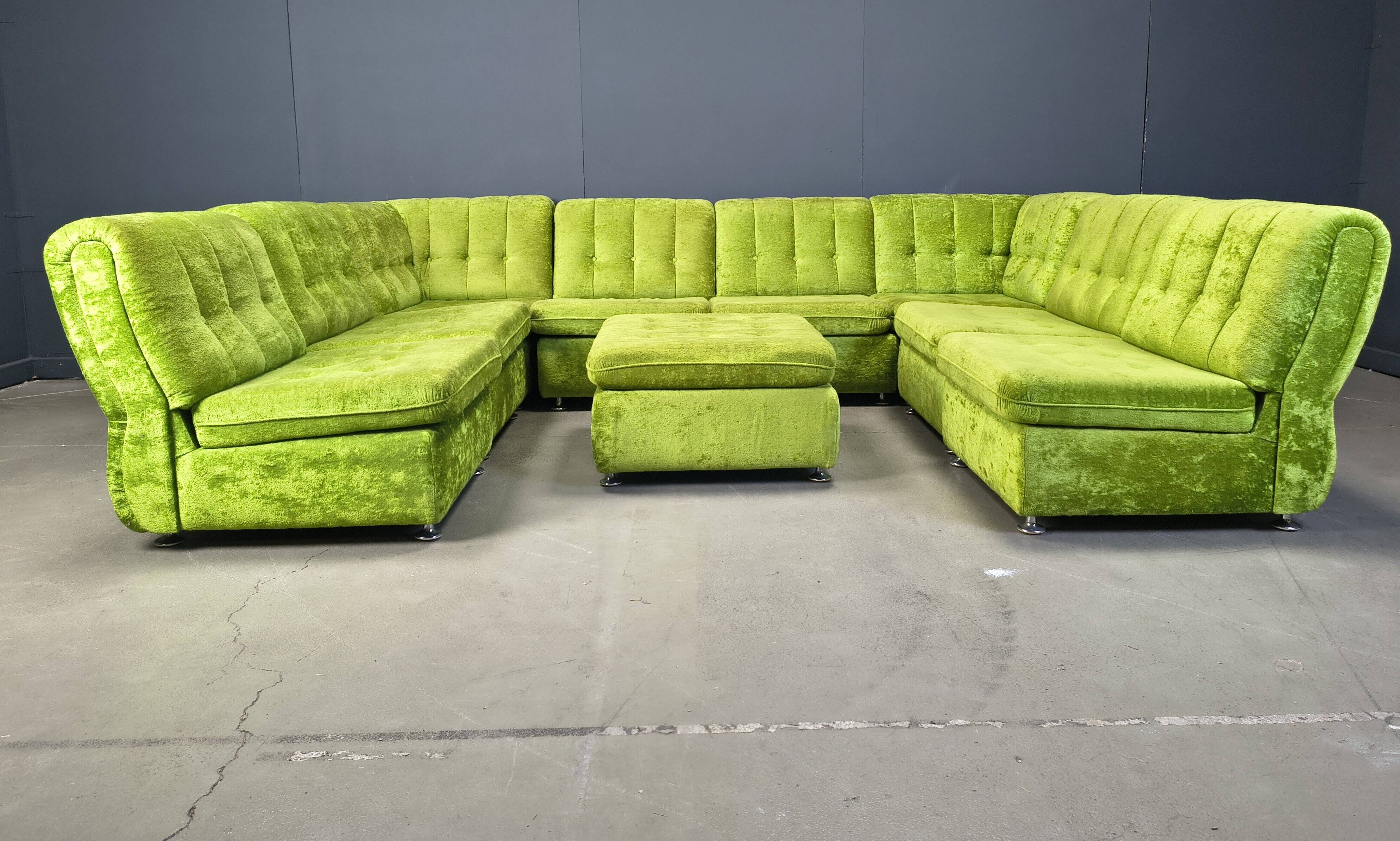 Vintage green velvet modular sofa set, 1970s