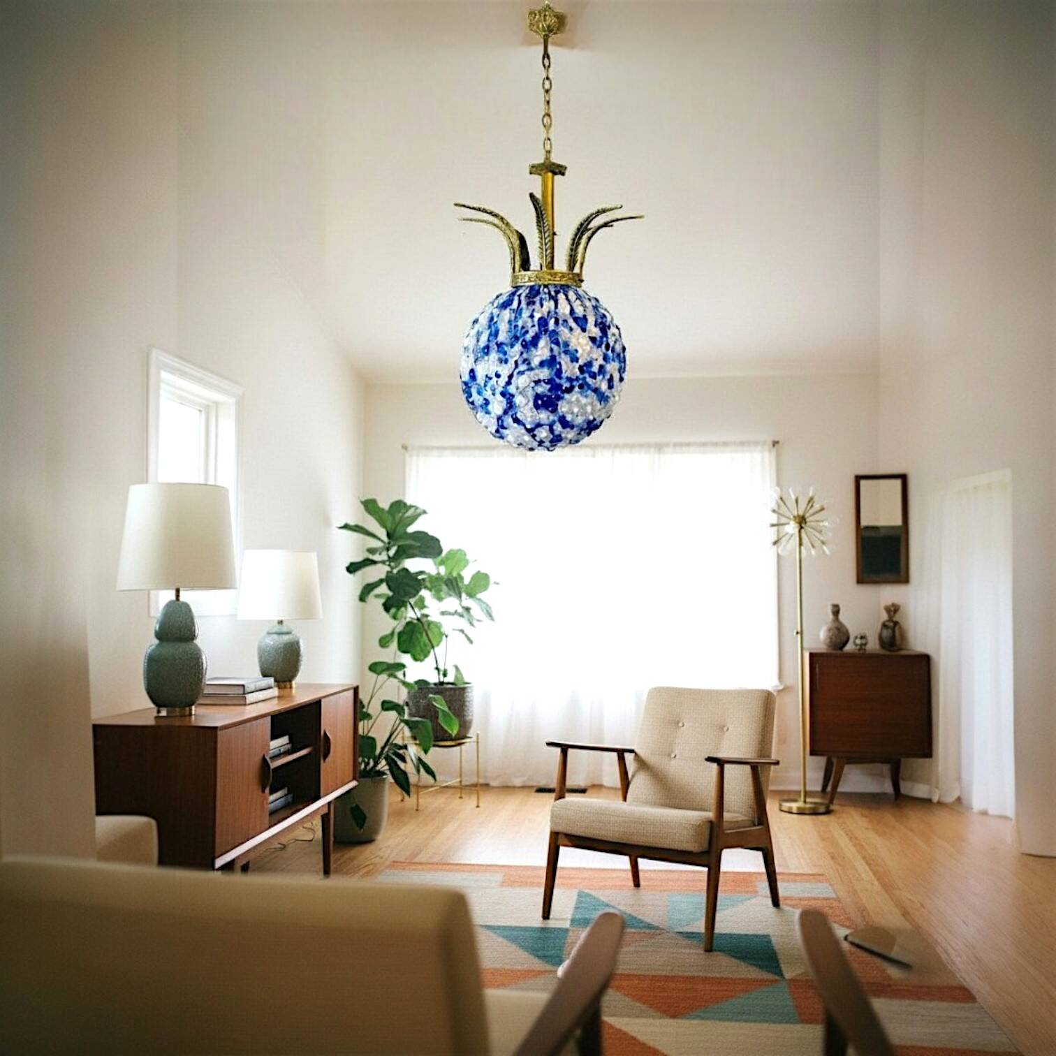 Large Portuguese blue glass crowned chandelier