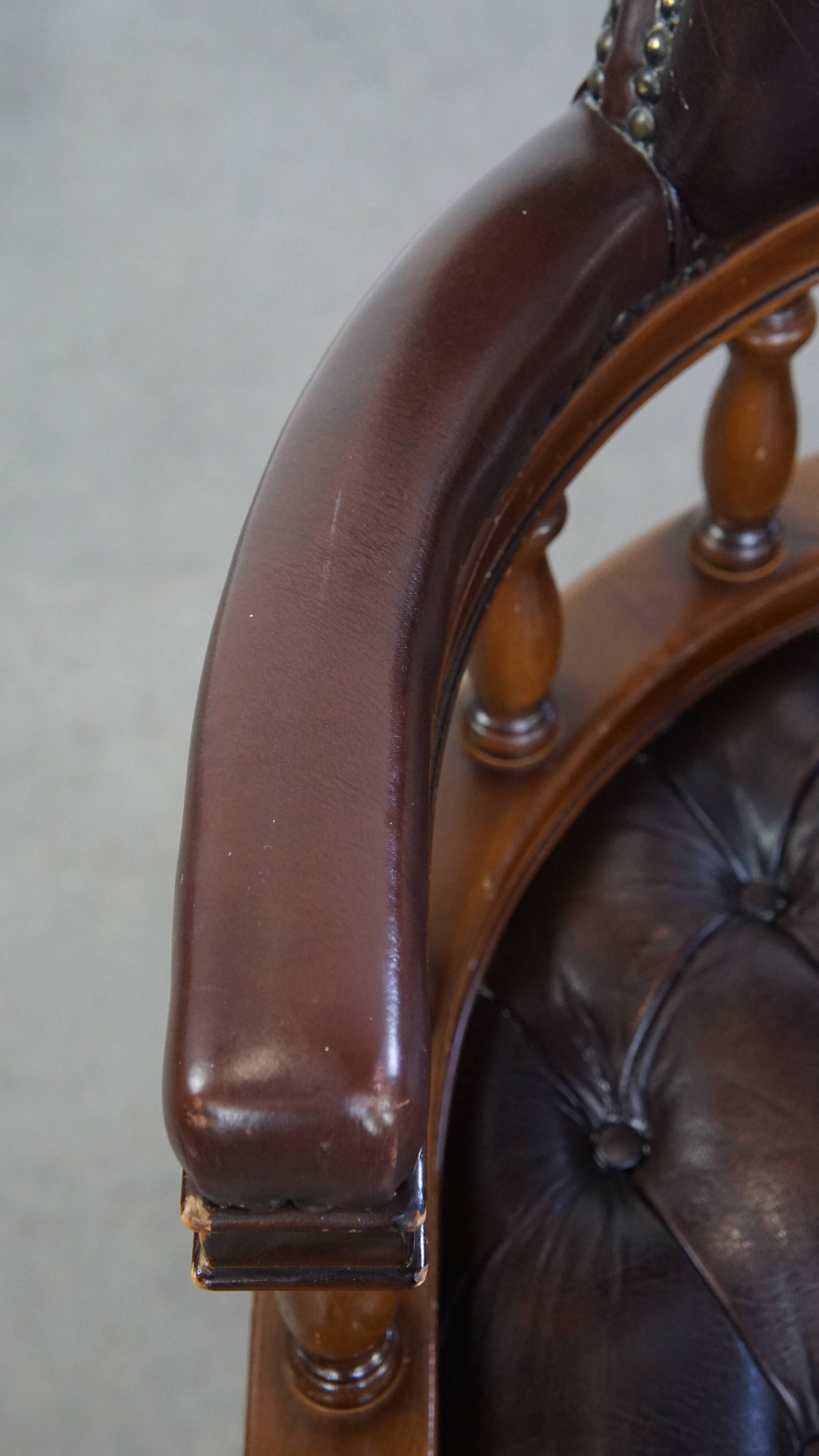 Chesterfield Office Chair on Wheels in Dark Brown Cowhide Leather