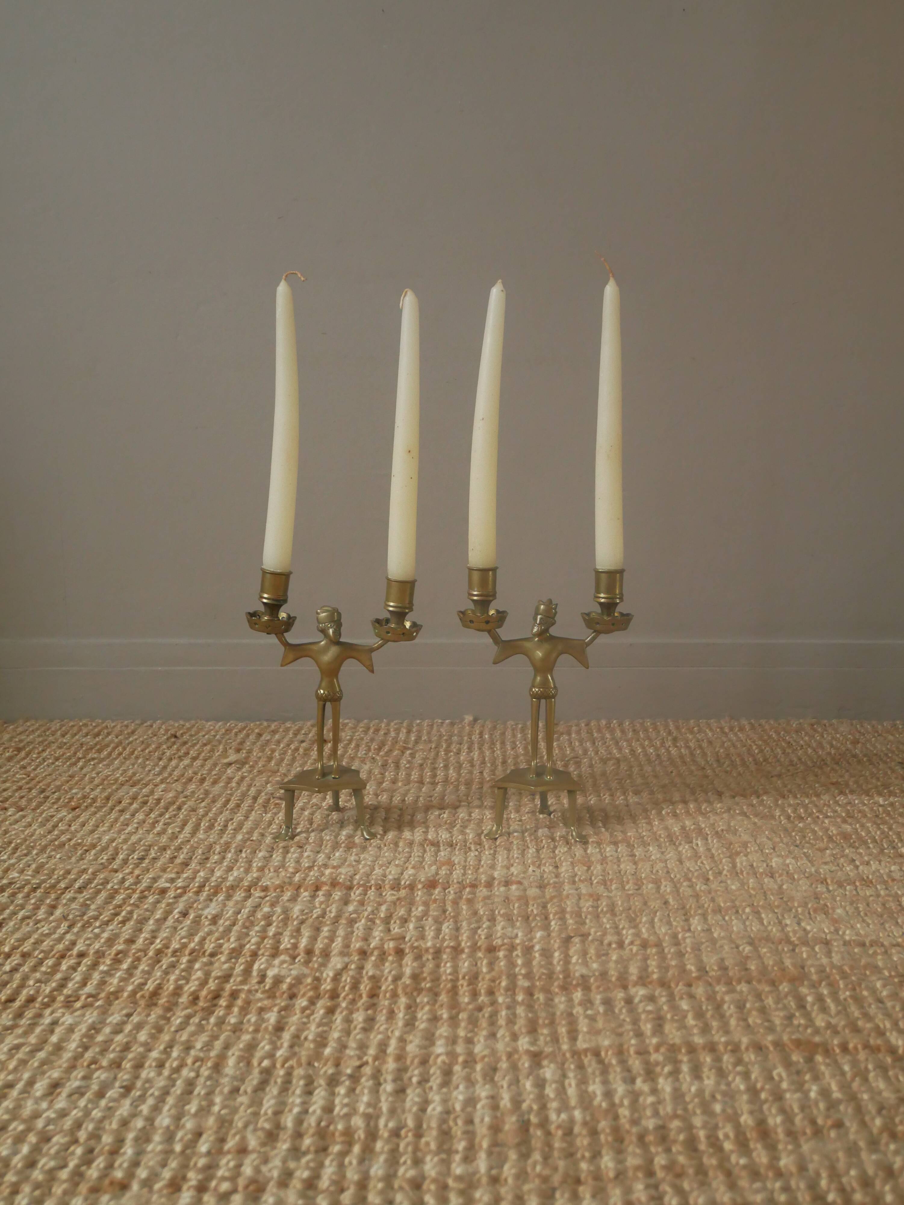 Pair of candlesticks candelabra candle holders brass African art man handcrafted ethnic decoration