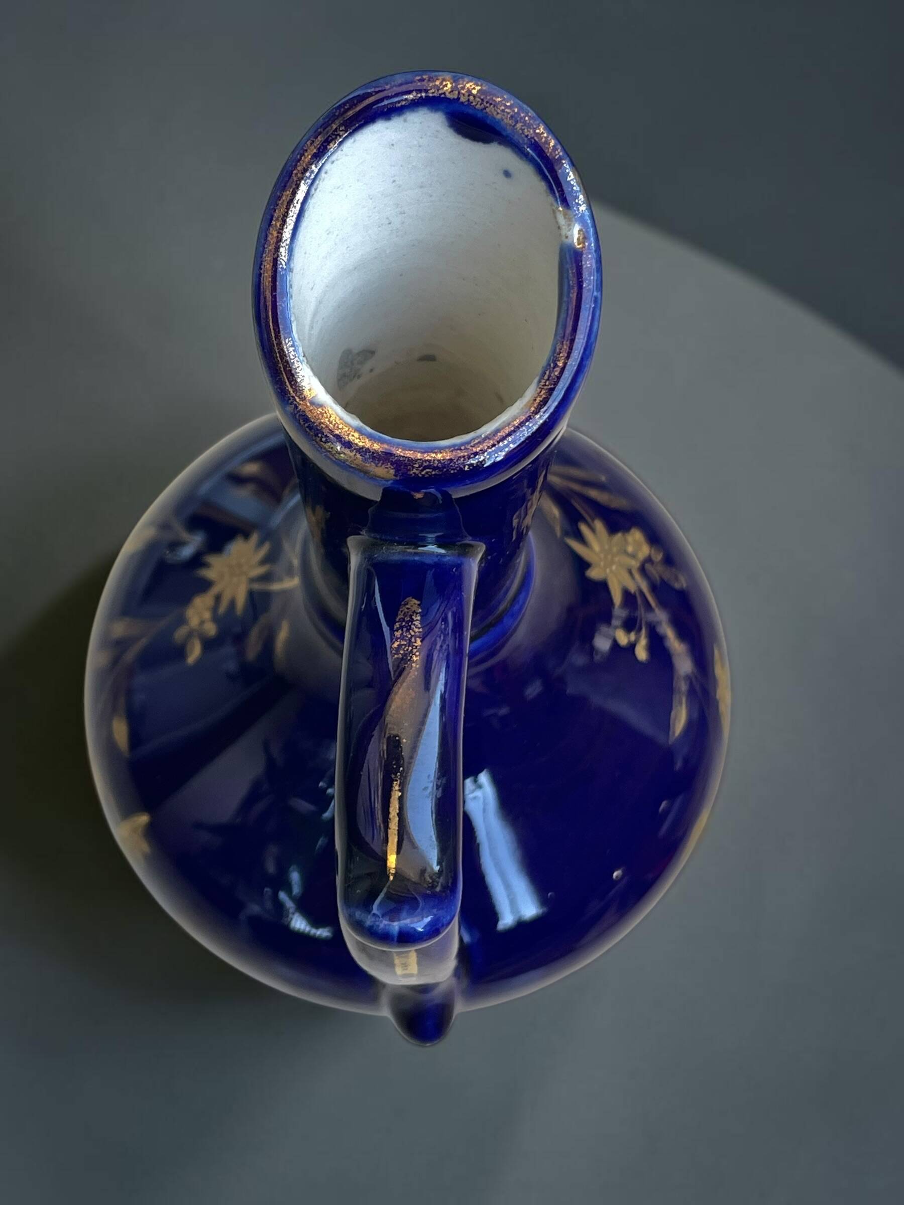 Vintage cobalt blue ceramic jug with gilding, 1950s-70s.