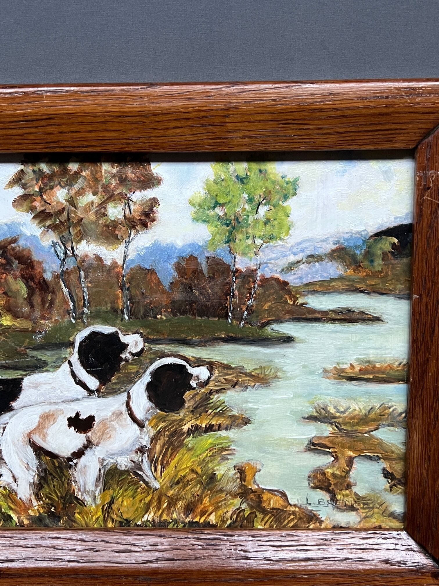 "Dogs on the hunt". Signature. Oil on panel.