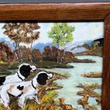 "Dogs on the hunt". Signature. Oil on panel.