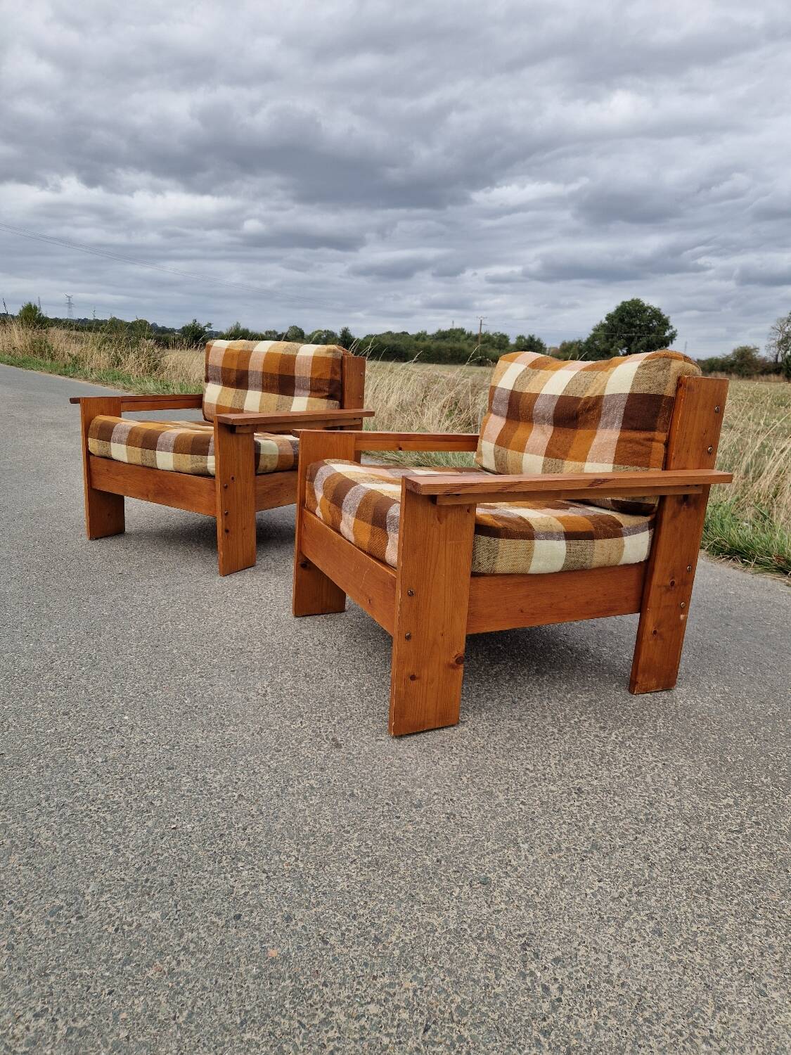 Pair of brutalist pine armchairs circa 1960