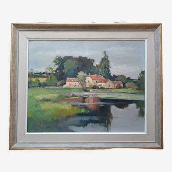 Oil on canvas by JP Ferrand: hamlet reflected in the pond
