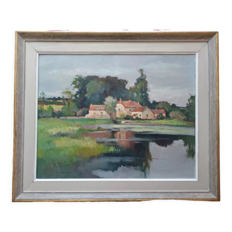 Oil on canvas by JP Ferrand: hamlet reflected in the pond