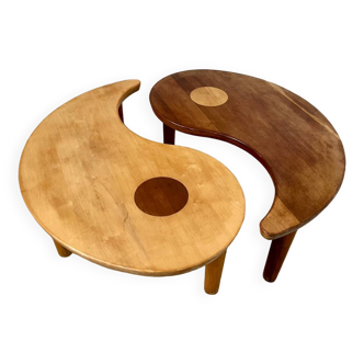 Table basse en bois massif à 2 éléments Yin et Yang vintage années 60