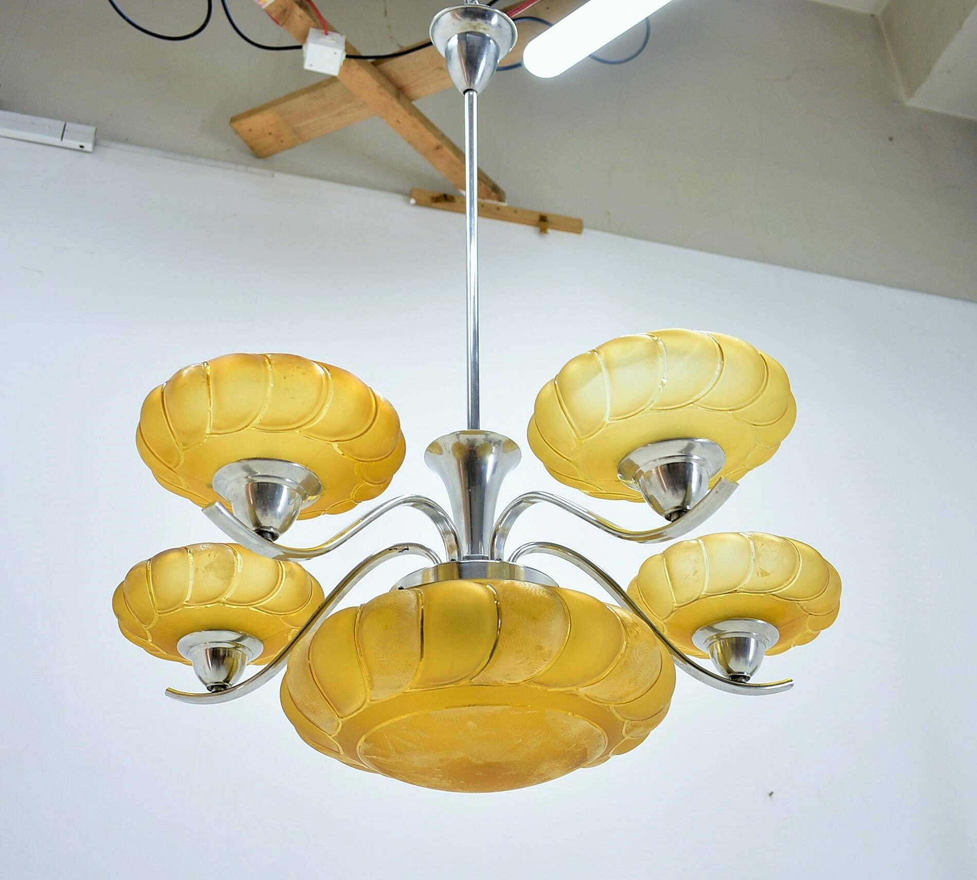 Art deco chrome and glass chandelier, 1930s