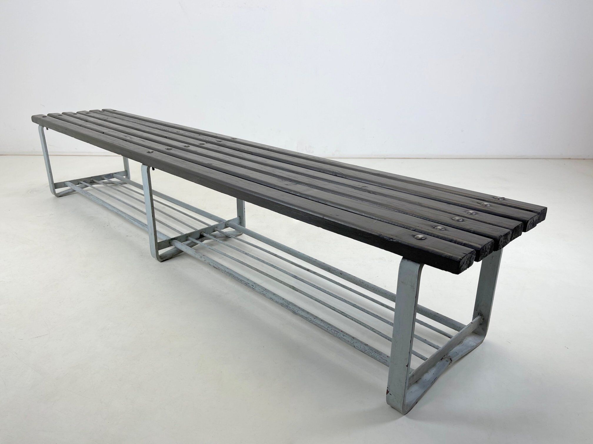 Vintage industrial metal & wood slatted bench, 1950's