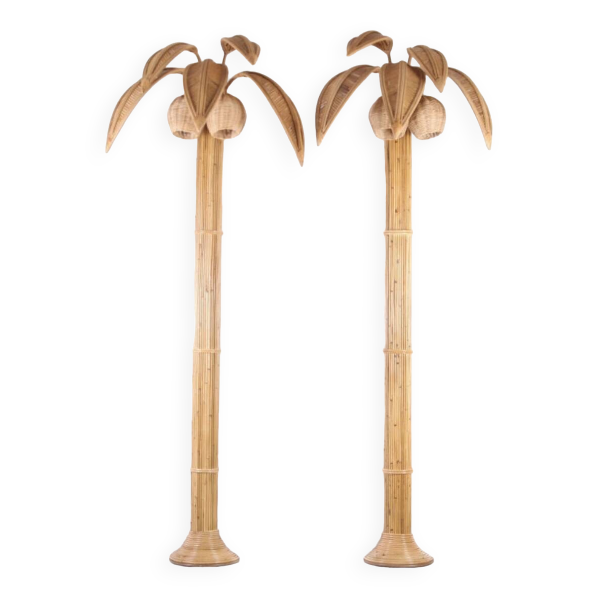 Paire de grandes appliques « palmier/cocotier » en rotin