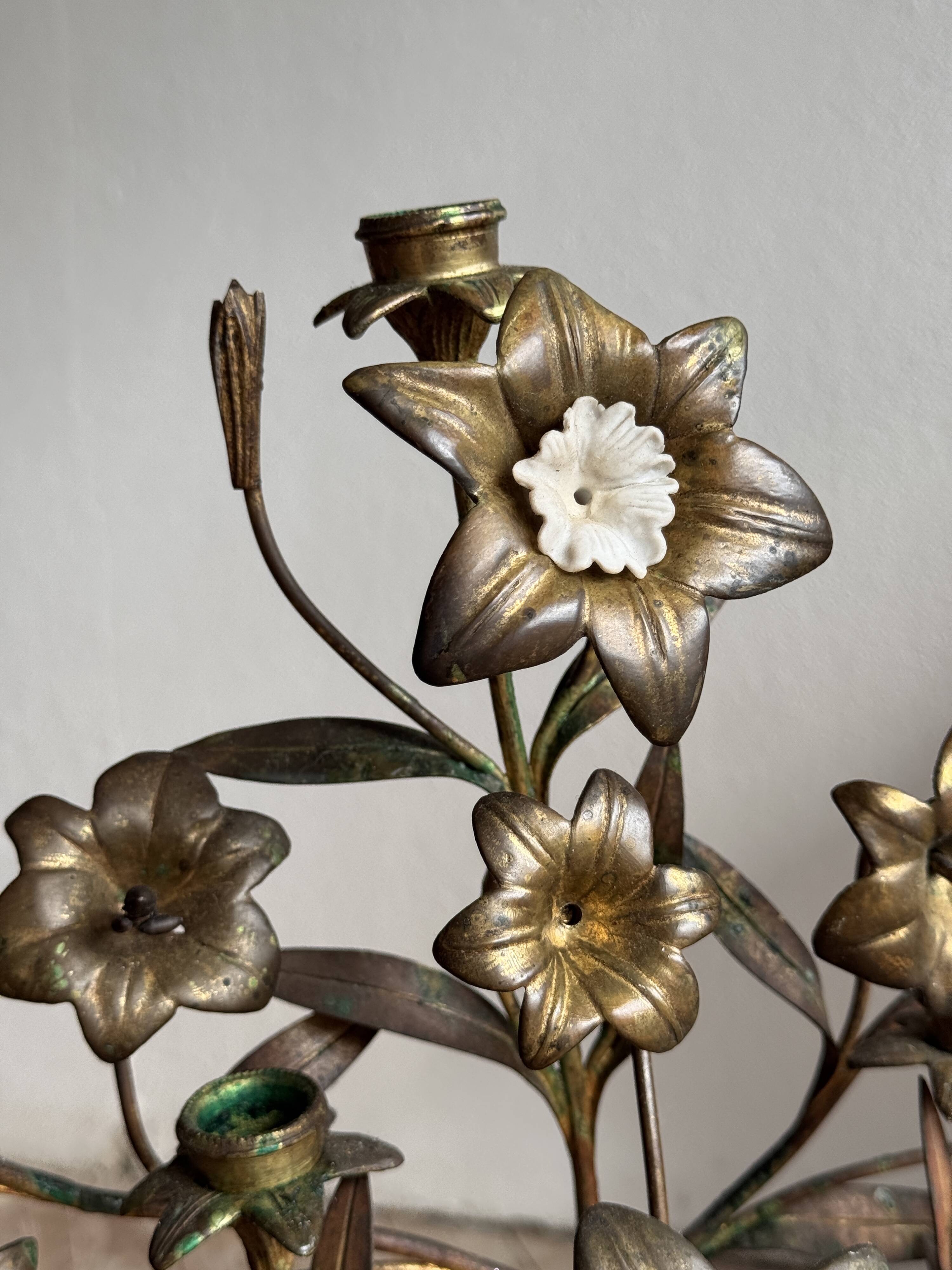 Pair of large 9-light altar candelabra, 19th century, in bronze and brass