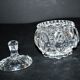 Thick moulded crystal sugar bowl with a beaded and medallion design.