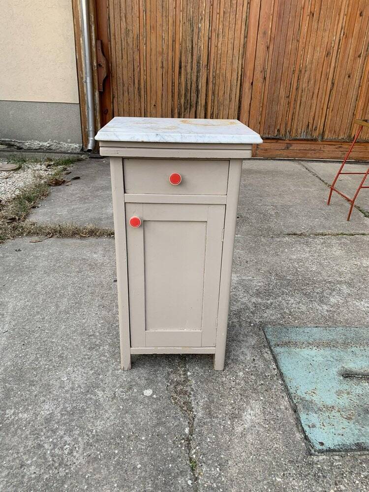 Vintage grey wooden bedside table with marble top - Germany 1950s