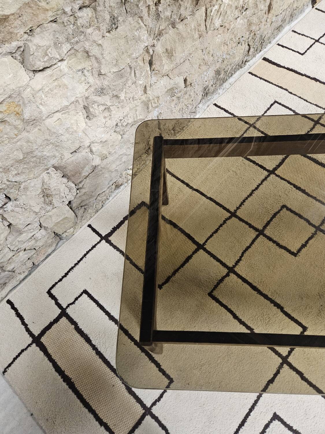 Vintage 1970s smoked glass wood coffee table