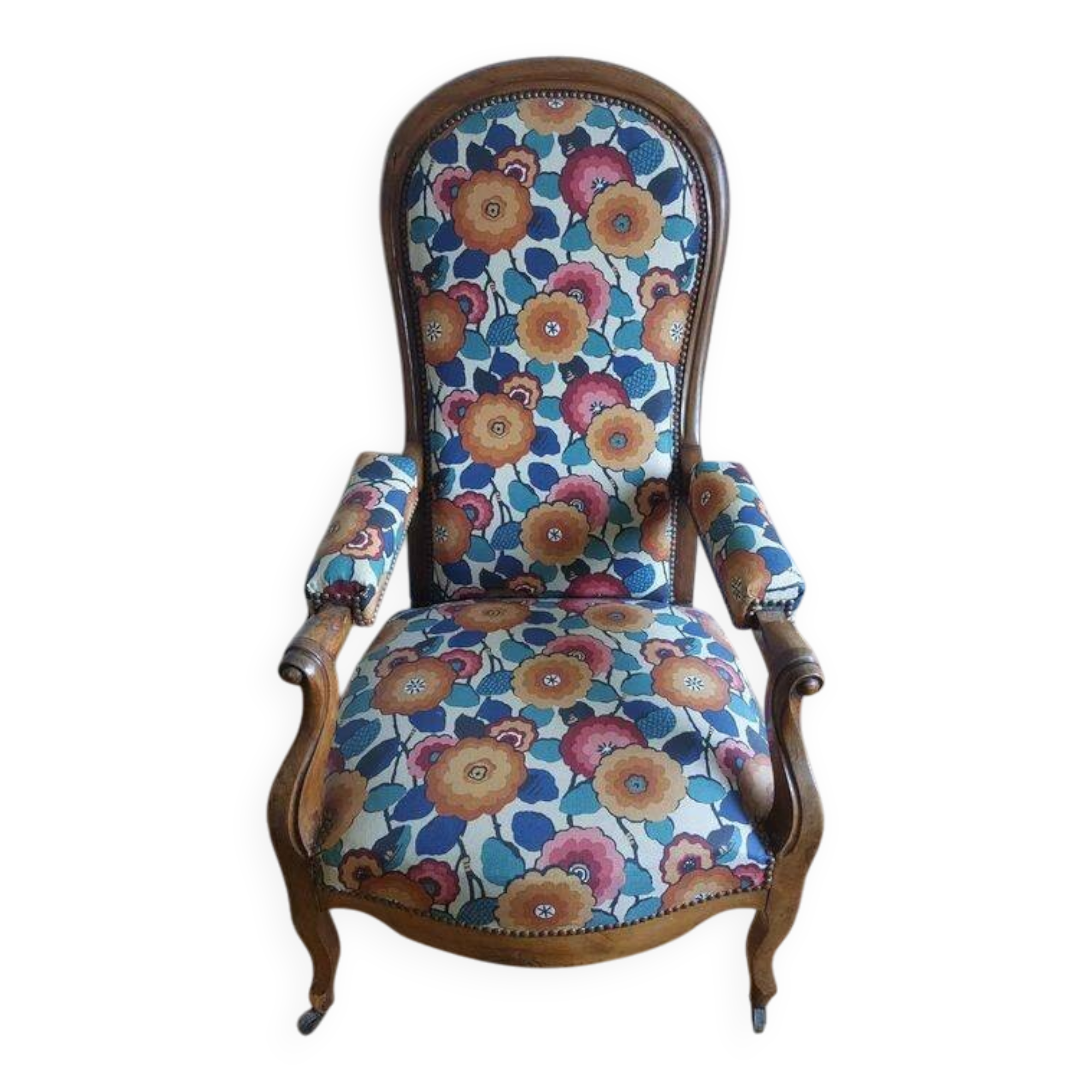 Voltaire armchair with a rack, wheels, and a toad chair in matching fabric.
