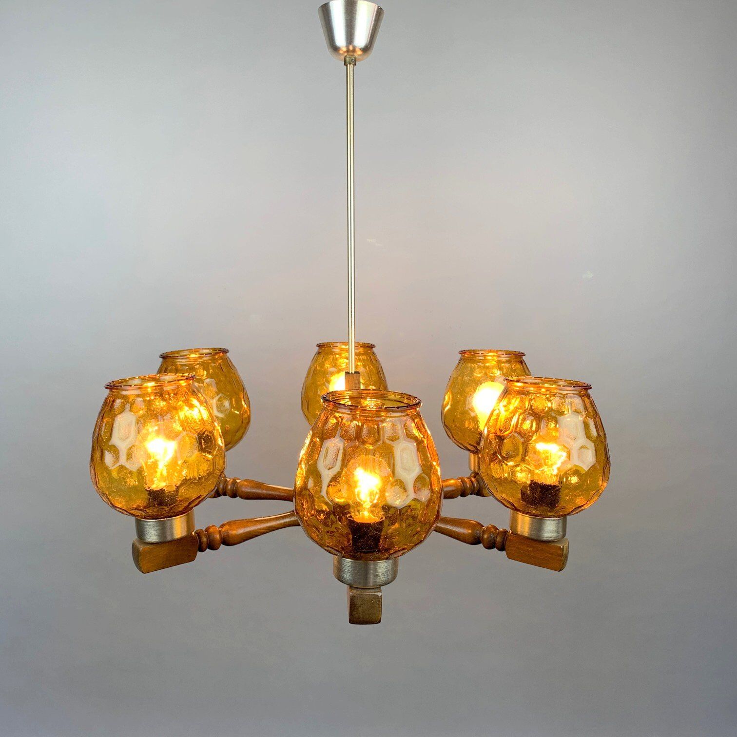Mid Century Wood and Glass Chandelier, 1970's