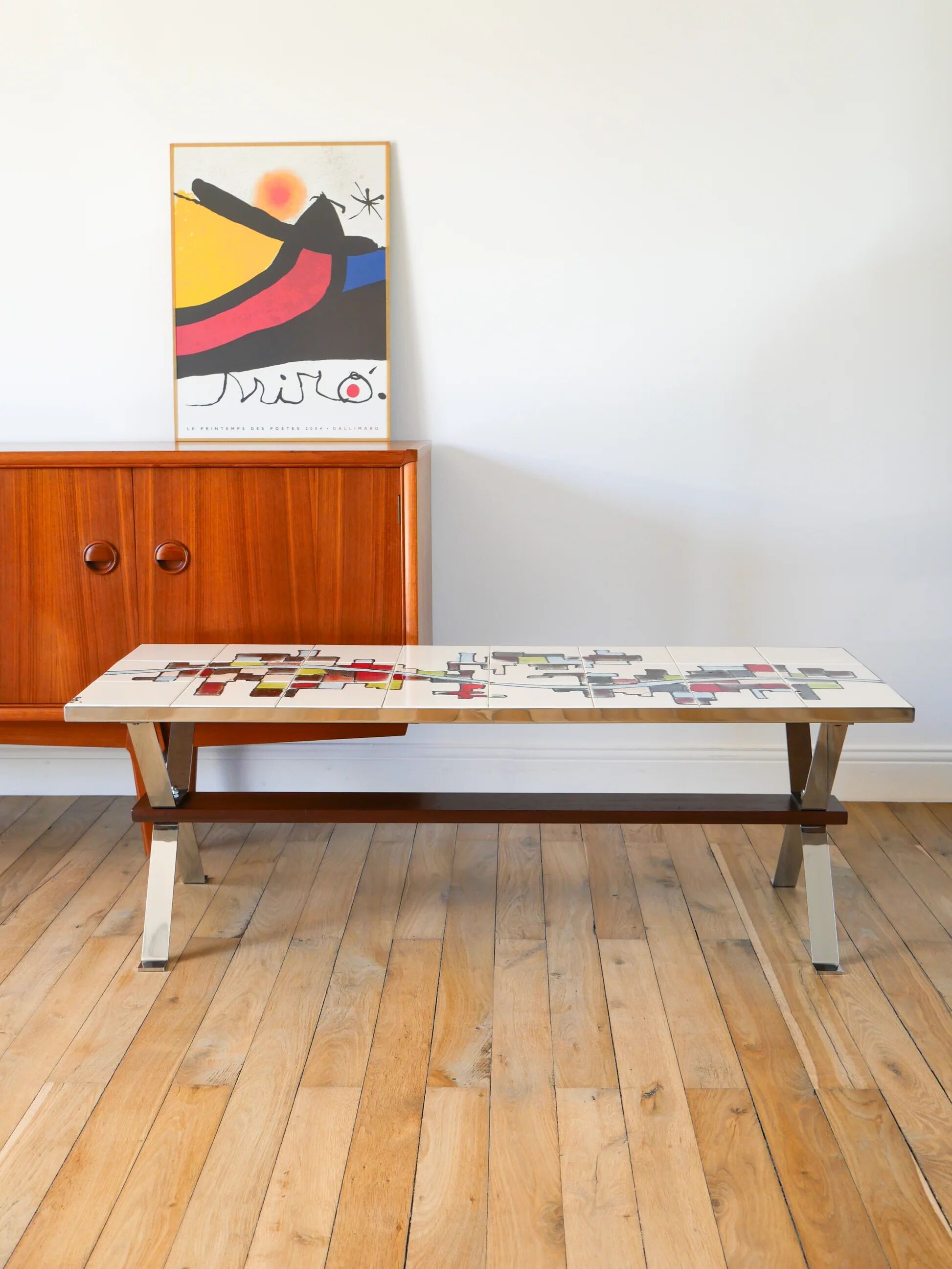 Ceramic coffee table, chrome and teak legs, Space Age, signed, 1970.
