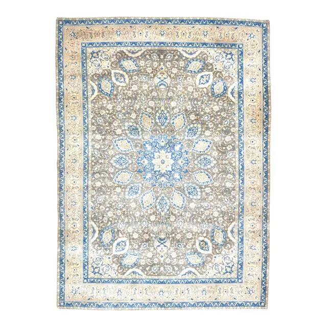 1970s Vintage Persian Handmade Wool Cotton Blue Area Rug 283x400