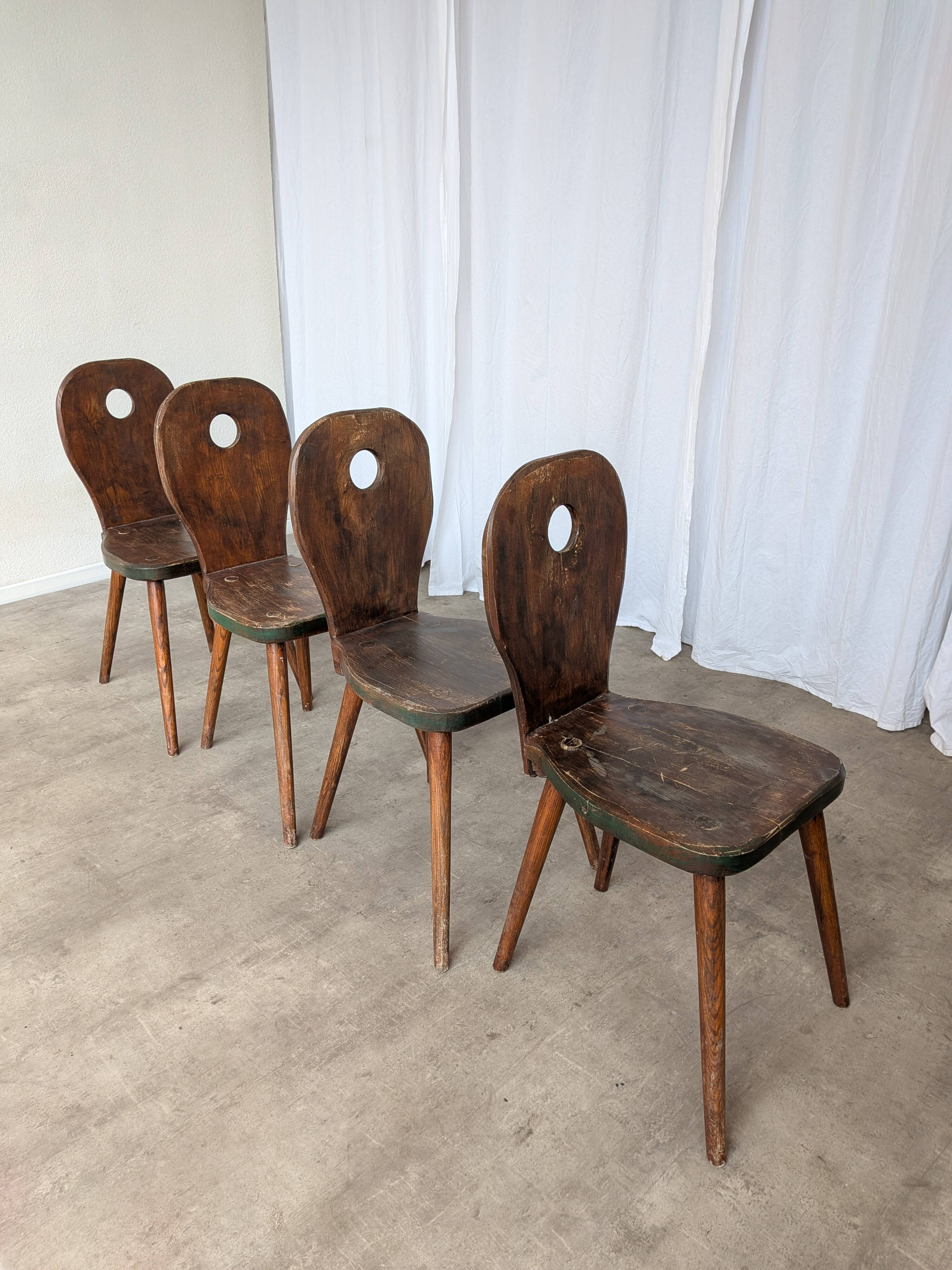 Set of 4 Vintage Brutalist Wooden Chair / Rustic Farmhouse Dining Chair