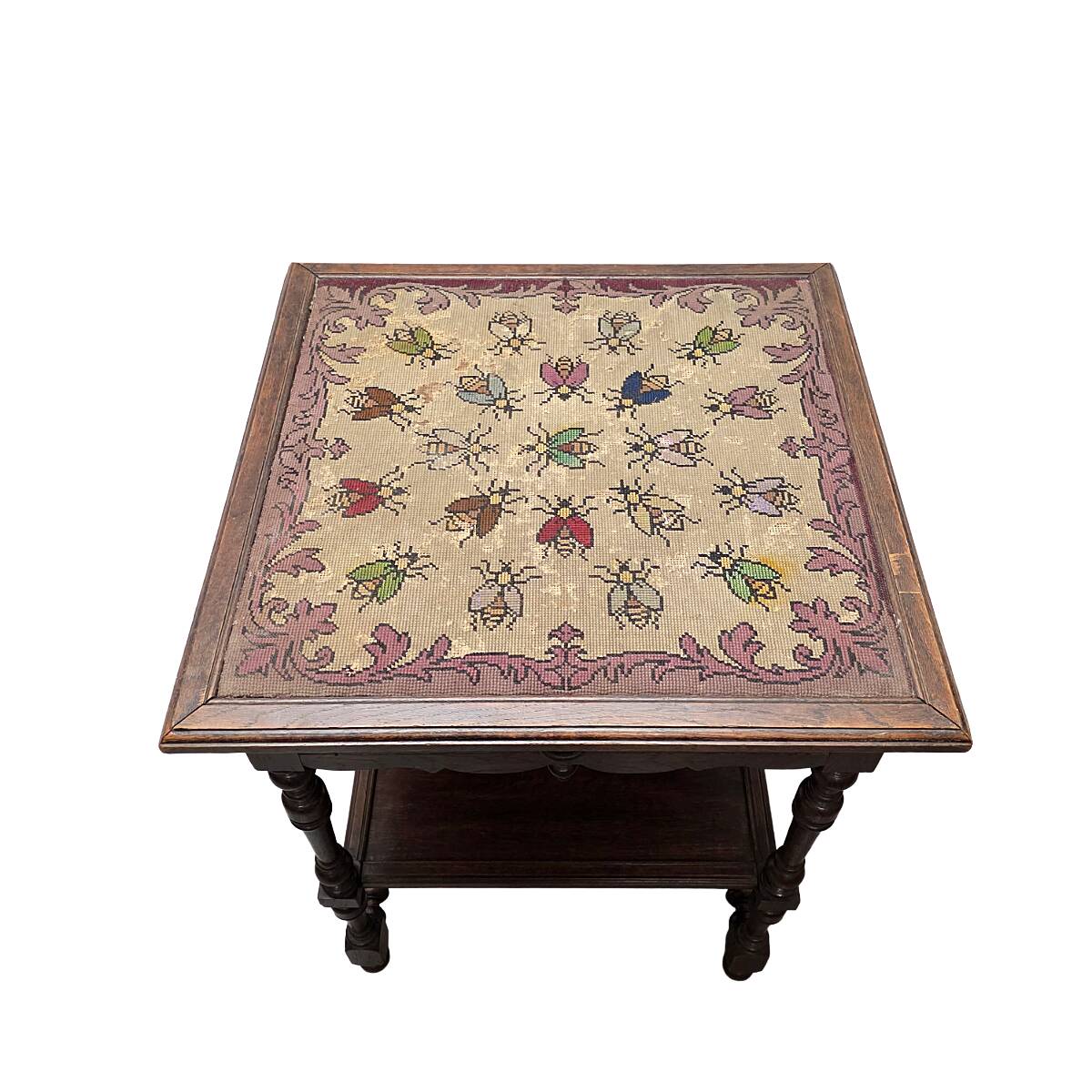 Antique French oak Side Table With Embroidered Top, late 1800s