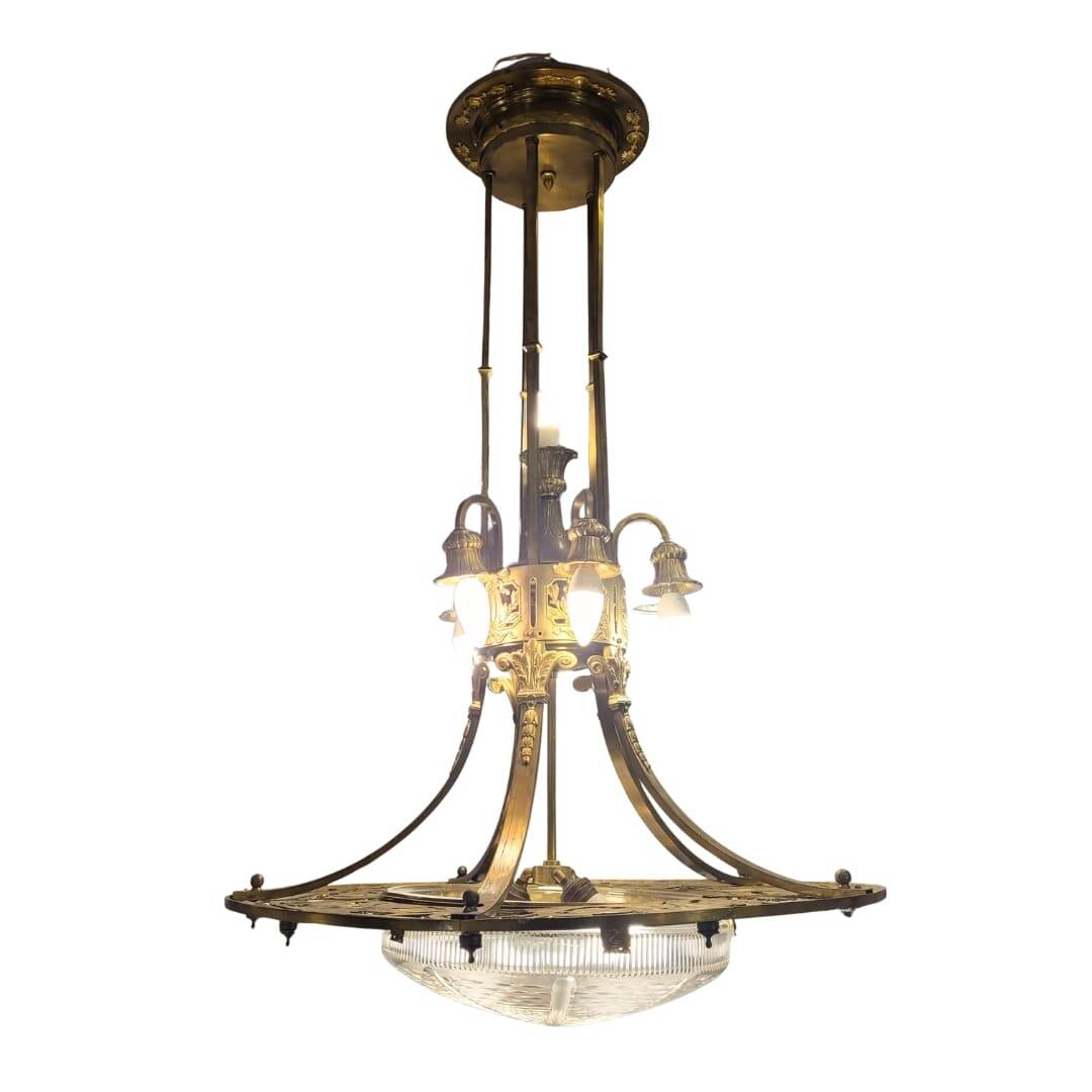 Ceiling light, gilded bronze and cut and frosted crystal, Art Nouveau, 1930s – France