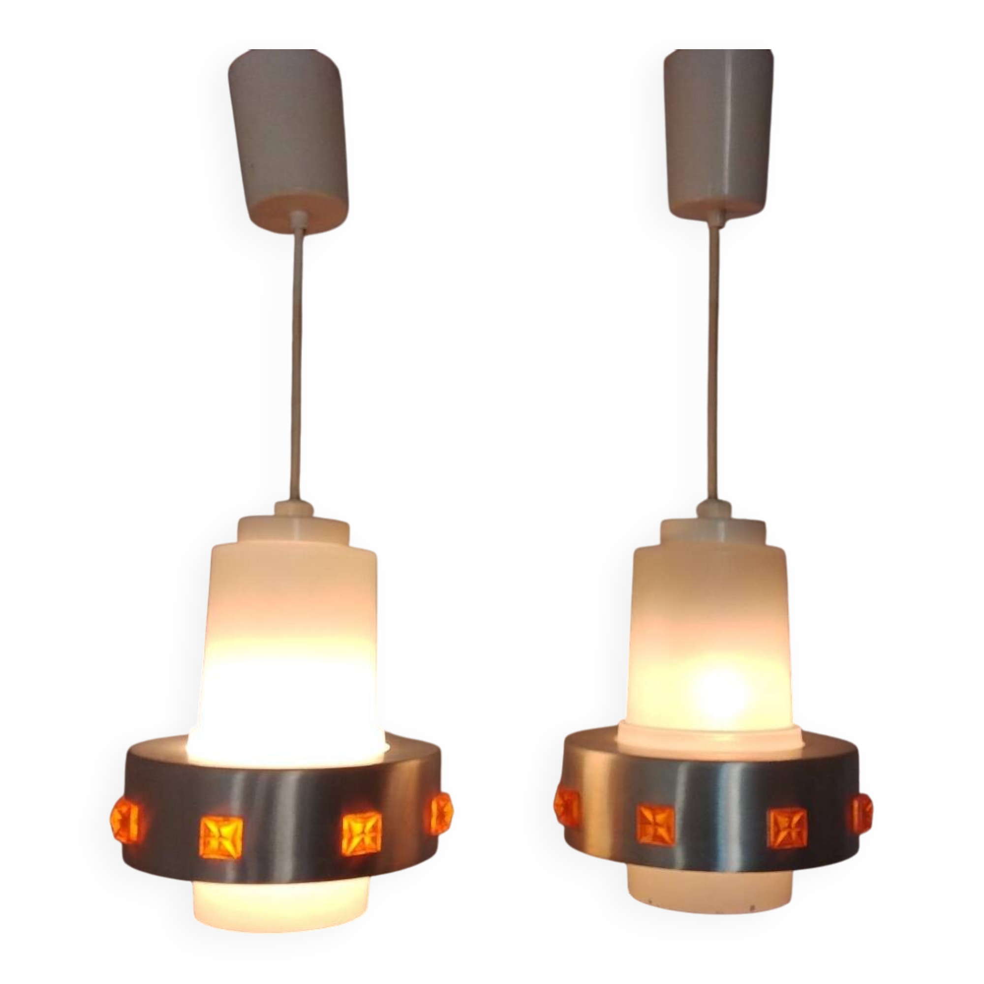 Pair of 1970s Space Age glass and aluminum lamps